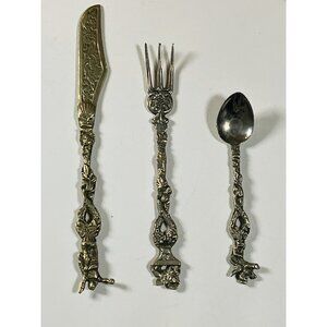 Vintage Ornate Brass & Silver-Plated Flatware Set With Figural Handles